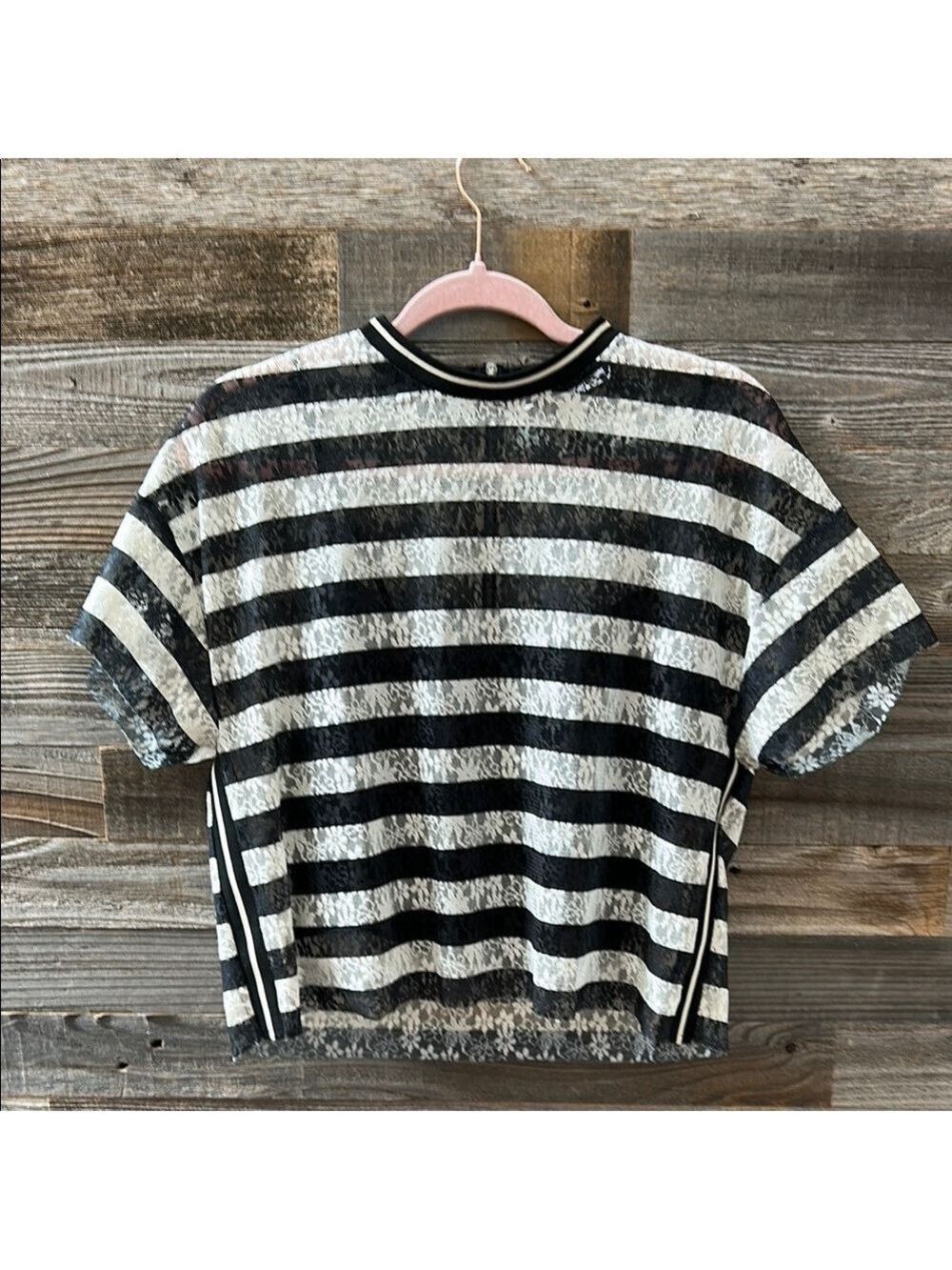 Zara Black and White Stripe Floral Lace Semi Sheer Top Size Small